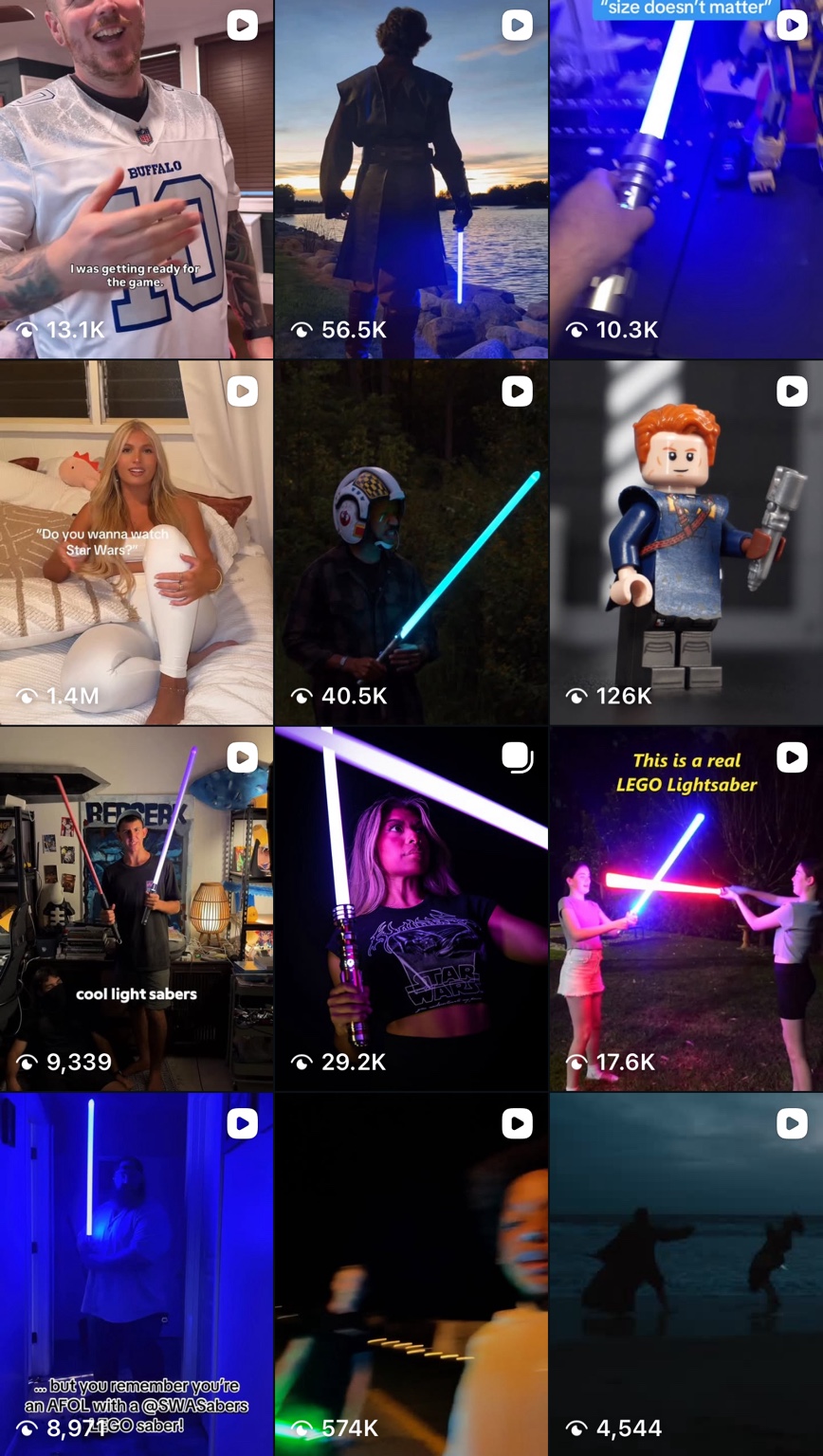 Grid of SWA creator posts showing different saber content formats and view counts